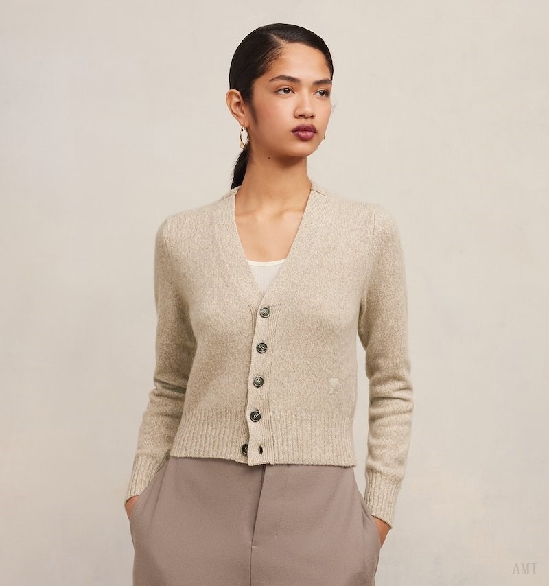 Knitwear Ami Paris Tonal Ami De Coeur Cardigan Champagne Femme | YAI-08917780