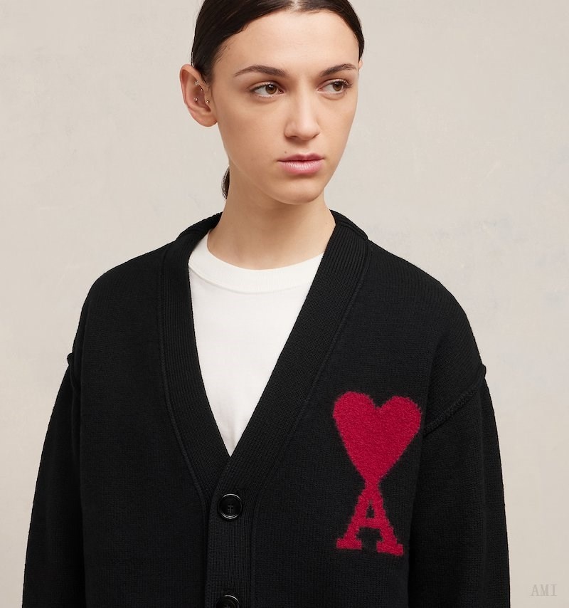 Knitwear Ami Paris Red Ami De Coeur Cardigan Noir Rouge Femme | FVM-56758102