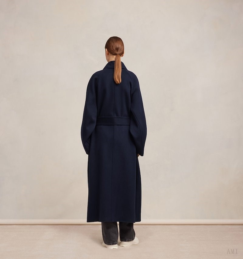 Ami Paris Long Belted Coat Bleu Femme | HLI-49039066