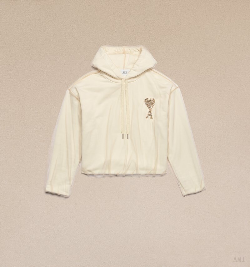 Ami Paris Ami De Coeur Embroidery Hoodie Blanche Femme | XSD-16488075