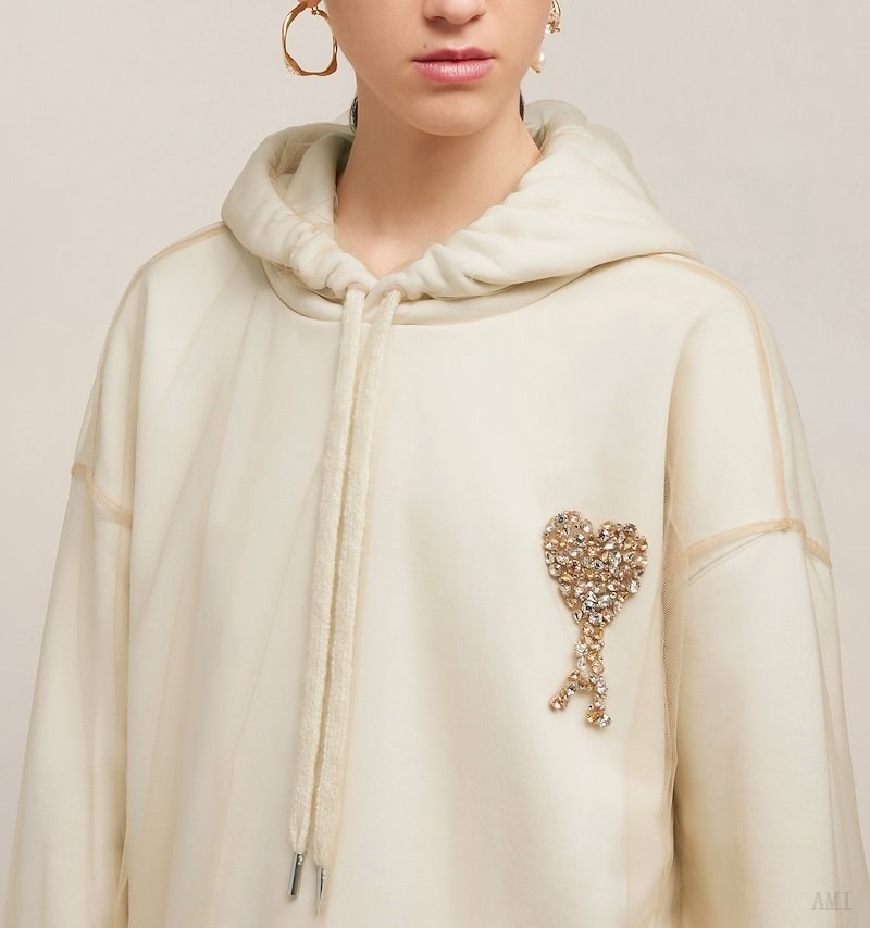 Ami Paris Ami De Coeur Embroidery Hoodie Blanche Femme | XSD-16488075