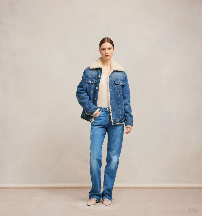 Ami Paris Trucker Jacket Doublée With Synthétique Fur Bleu Femme | LTN-95565757