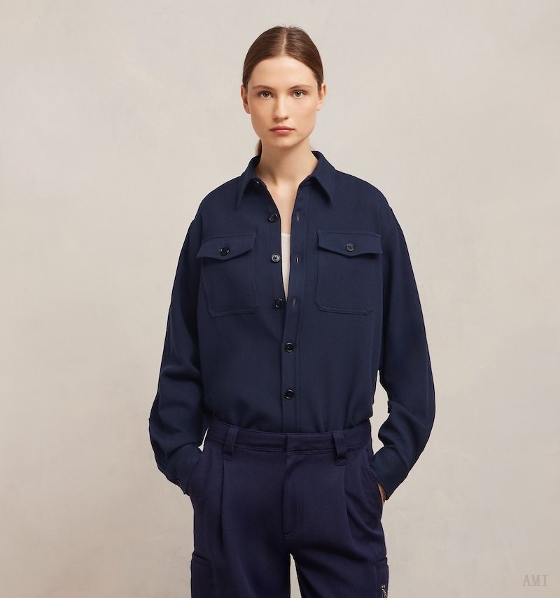 Ami Paris Overshirt With Chest Pocket Bleu Femme | JKJ-57974851