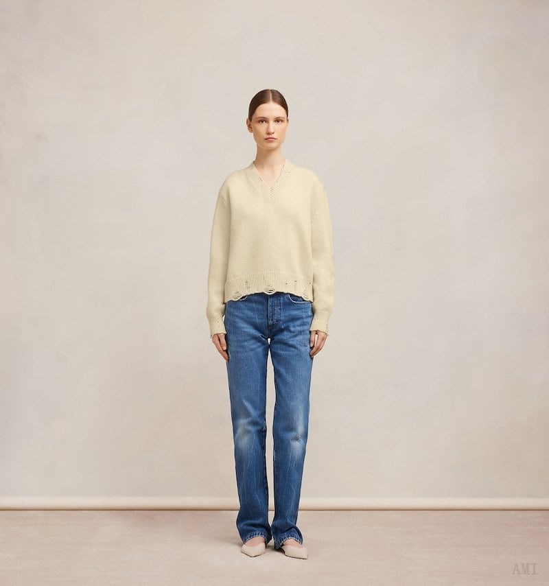 Knitwear Ami Paris Pull With Cut Out Details Blanche Femme | FEB-60732047