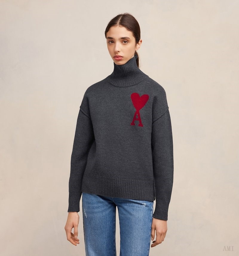 Knitwear Ami Paris Red Ami de Coeur Pull Grise Rouge Femme | FOZ-82460448