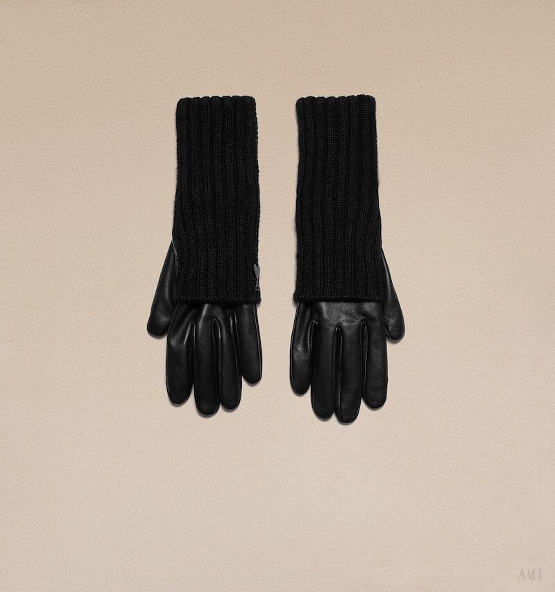 Ami Paris Long Knit And Cuir Gloves Noir Femme | GWY-65978227