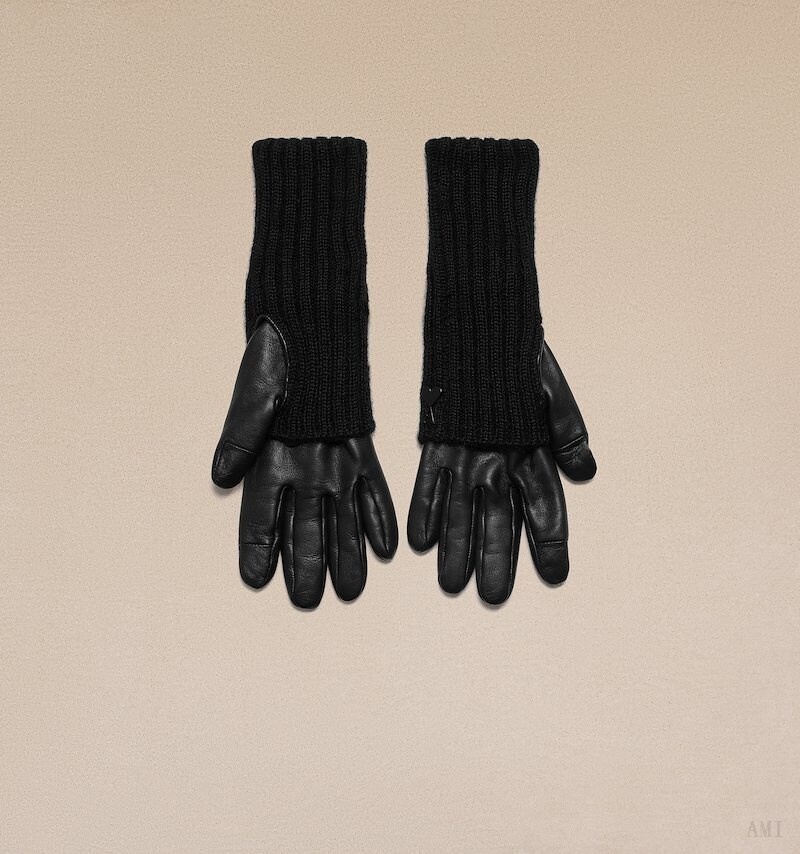 Ami Paris Long Knit And Cuir Gloves Noir Femme | GWY-65978227