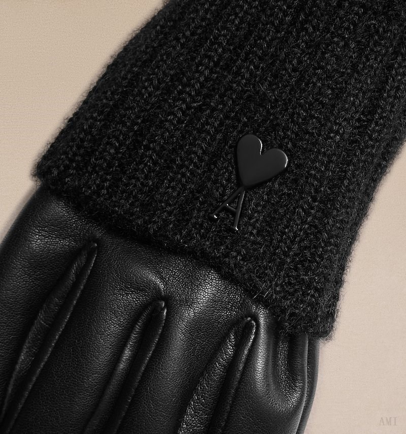 Ami Paris Long Knit And Cuir Gloves Noir Femme | GWY-65978227