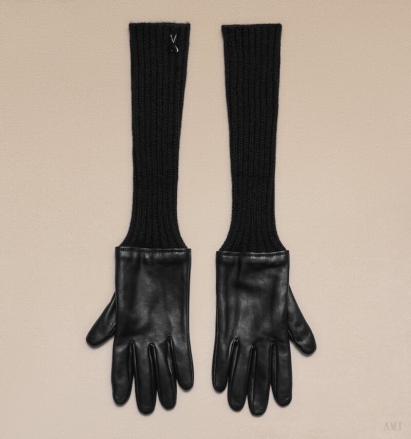 Ami Paris Long Knit And Cuir Gloves Noir Femme | GWY-65978227