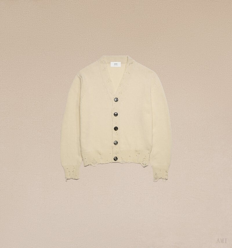 Knitwear Ami Paris Cardigan With Cut Out Details Blanche Homme | LPB-15321747