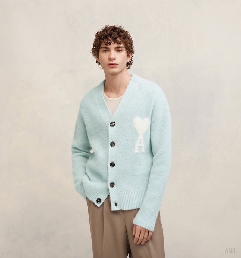 Knitwear Ami Paris Cloudy Laine Ami de C?ur Cardigan Turquoise Blanche Homme | LZA-83836965