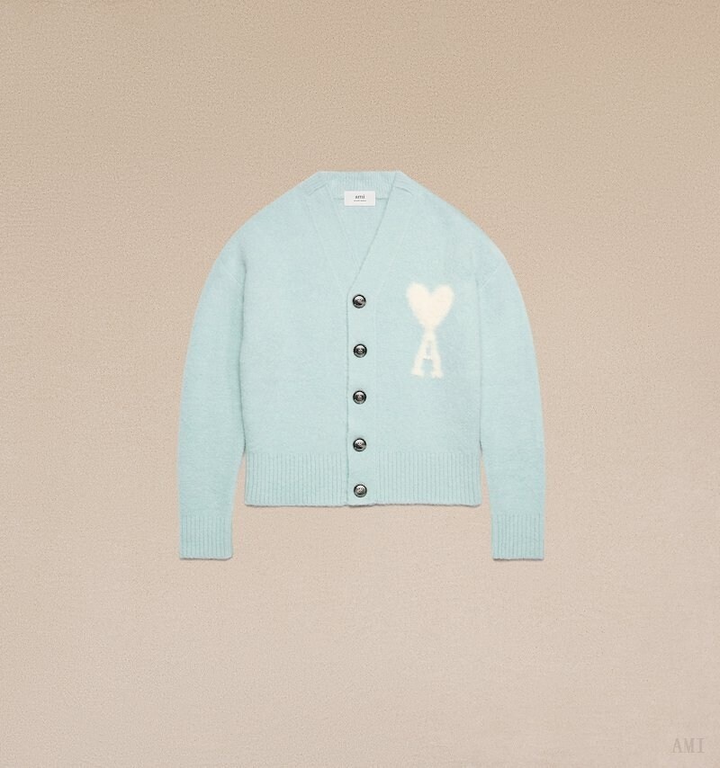 Knitwear Ami Paris Cloudy Laine Ami de C?ur Cardigan Turquoise Blanche Homme | LZA-83836965