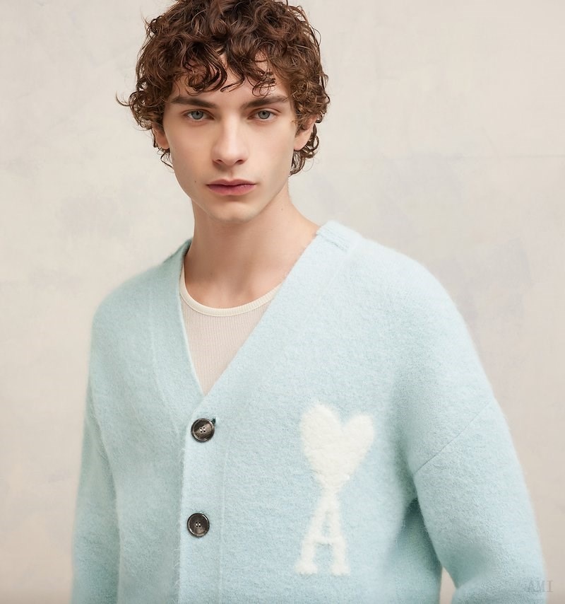 Knitwear Ami Paris Cloudy Laine Ami de C?ur Cardigan Turquoise Blanche Homme | LZA-83836965