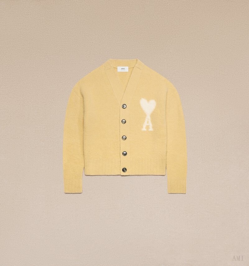 Knitwear Ami Paris Cloudy Laine Ami de C?ur Cardigan Jaune Clair Blanche Blanche Homme | EAC-31597391