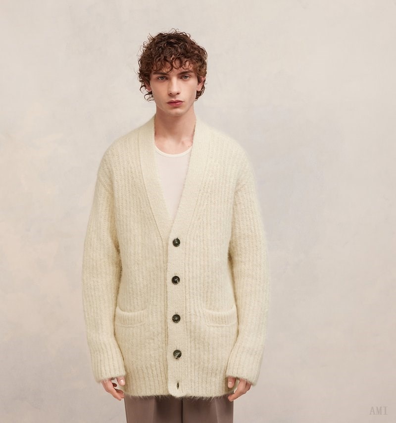 Knitwear Ami Paris Nervuré Chunky Cardigan Blanche Homme | NUN-31882929