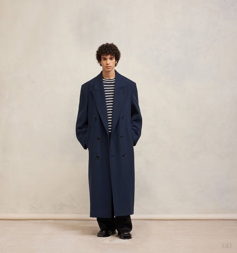 Ami Paris Double Breasted Oversized Coat Bleu Homme | QJL-28866337