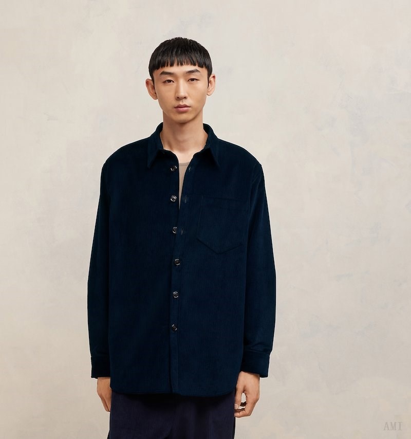 Ami Paris Oversize Overshirt With Patch Pocket Bleu Homme | BFK-05228820