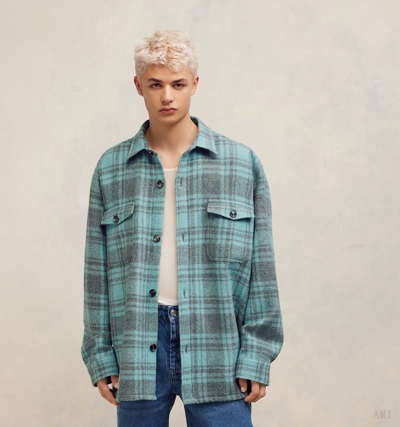 Ami Paris Oversize Overshirt With Chest Pockets Turquoise Grise Homme | SMP-30587087