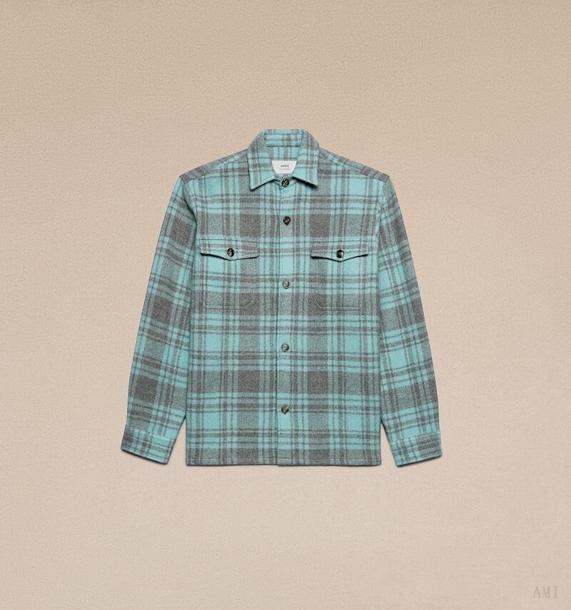 Ami Paris Oversize Overshirt With Chest Pockets Turquoise Grise Homme | SMP-30587087