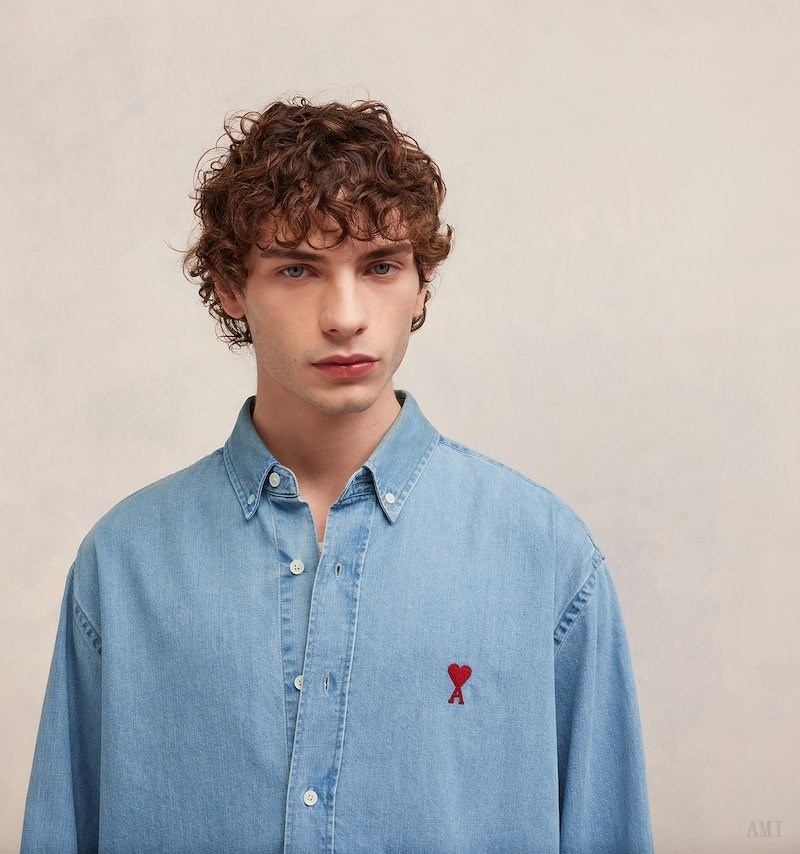 Ami Paris Ami De Coeur Denim Shirt Bleu Homme | HUW-41903479