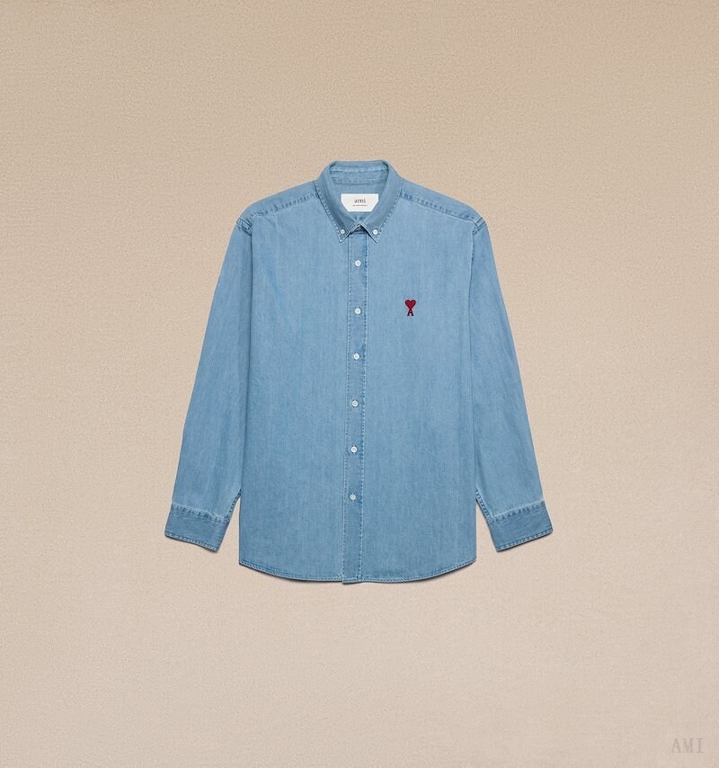 Ami Paris Ami De Coeur Denim Shirt Bleu Homme | HUW-41903479