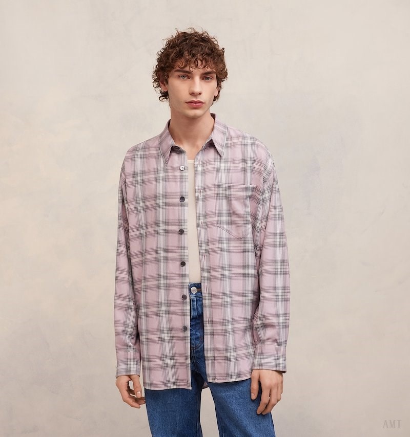 Ami Paris Oversize Overshirt With Patch Pocket Rose Grise Homme | SIB-35548326