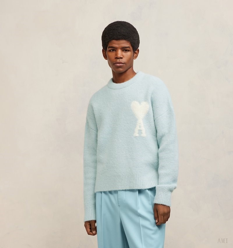 Knitwear Ami Paris Cloudy Laine Ami de C?ur Pull Turquoise Blanche Homme | IJT-09365738