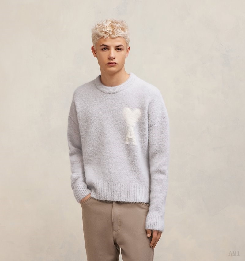 Knitwear Ami Paris Cloudy Laine Ami de C?ur Pull Grise Blanche Homme | WTH-50798498