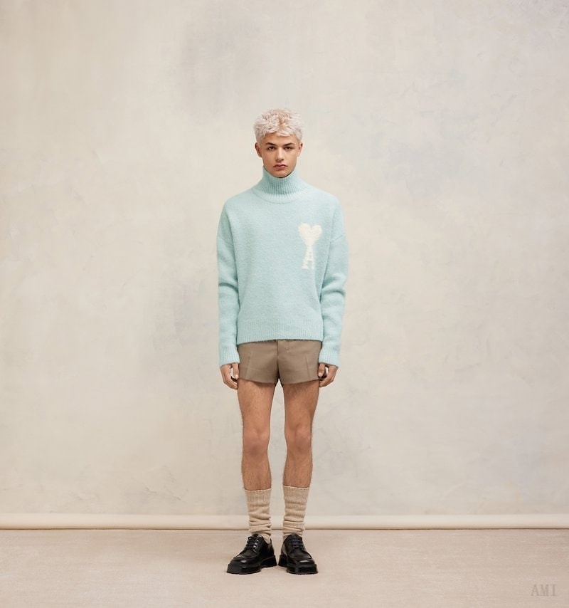 Knitwear Ami Paris Cloudy Laine Ami de C?ur Pull Turquoise Blanche Homme | QFS-48019188