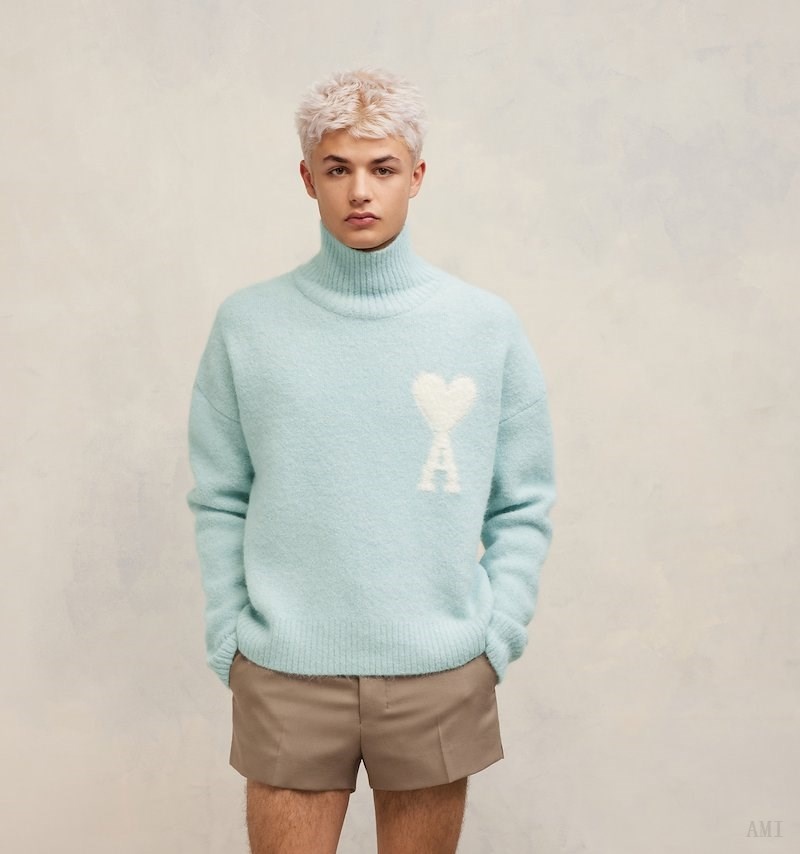 Knitwear Ami Paris Cloudy Laine Ami de C?ur Pull Turquoise Blanche Homme | QFS-48019188