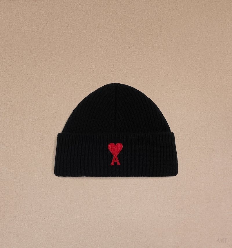 Ami Paris Red Ami de Coeur Beanie Noir Rouge Homme | ATS-04533880