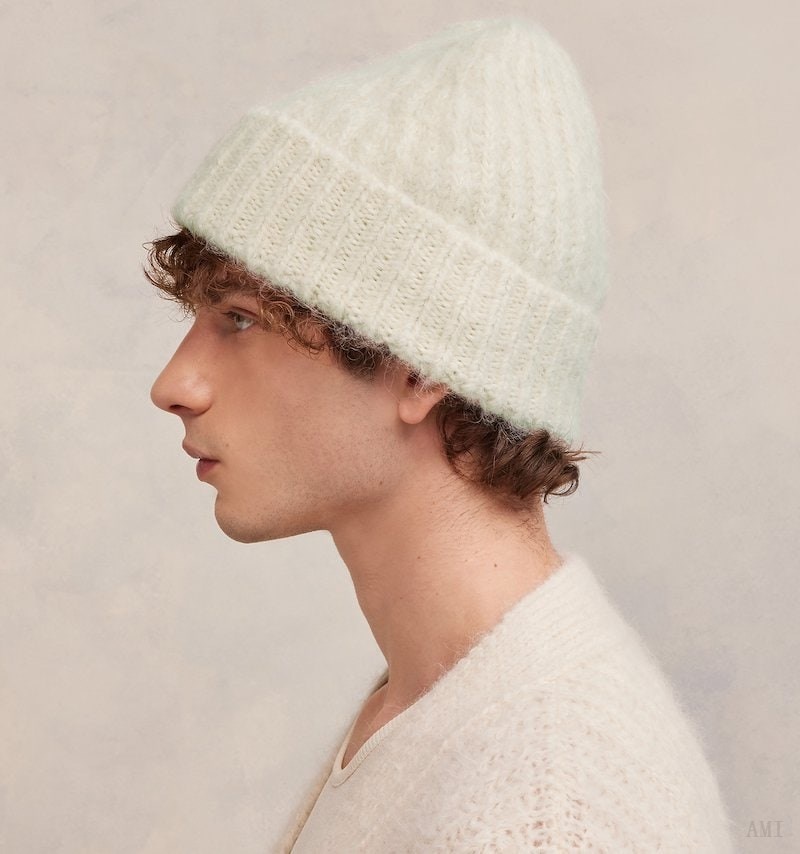 Ami Paris Nervuré Chunky Beanie Blanche Homme | YJU-78259524