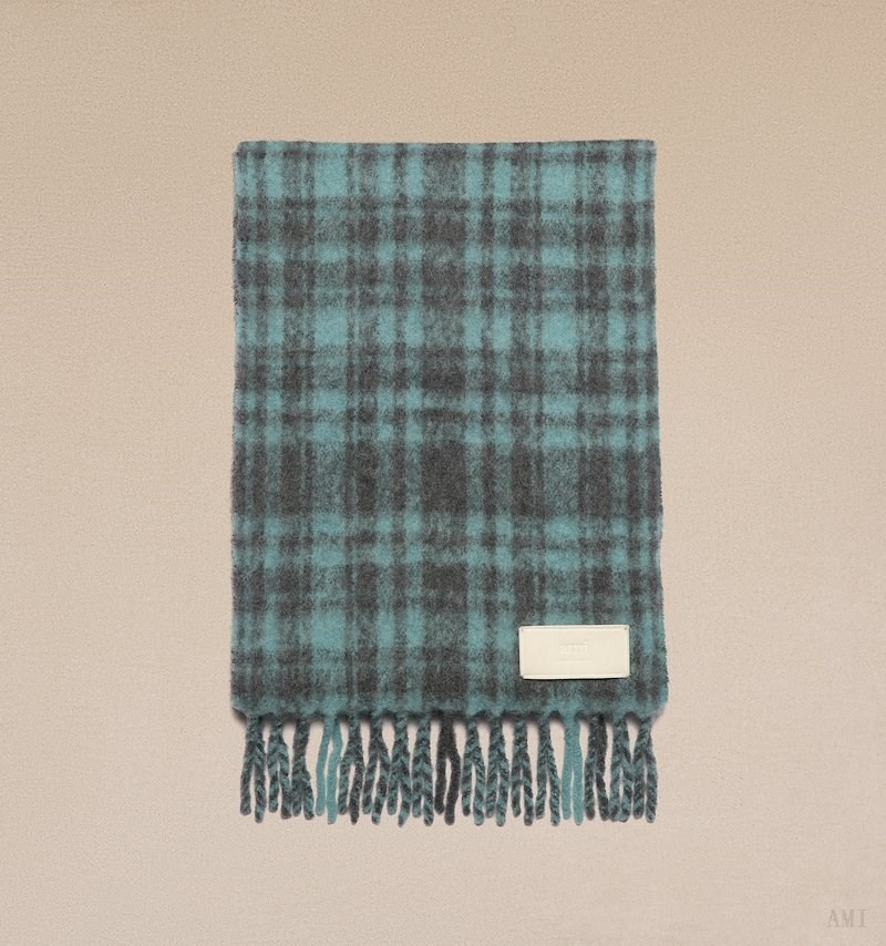 Ami Paris Oversize Checkered Ami Scarf Turquoise Grise Homme | XNQ-14455819