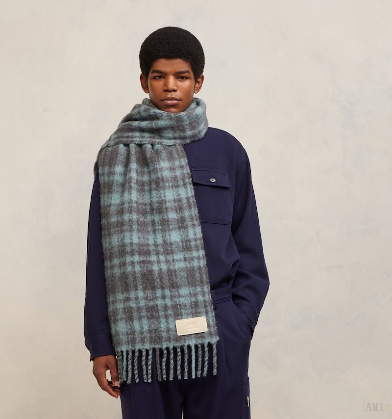 Ami Paris Oversize Checkered Ami Scarf Turquoise Grise Homme | XNQ-14455819