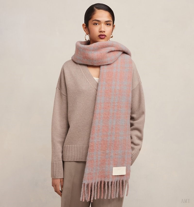 Ami Paris Oversize Checkered Ami Scarf Grise Rose Homme | RSI-05339806