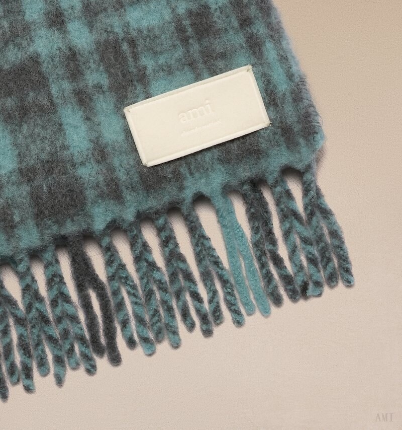 Ami Paris Oversize Checkered Ami Scarf Turquoise Grise Homme | XNQ-14455819